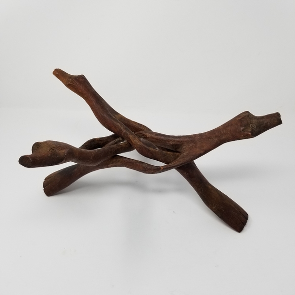 Wood Carved Folk Art Sculpture Creature Face Snake Stand Primitive Interlocking - Picture 7 of 15